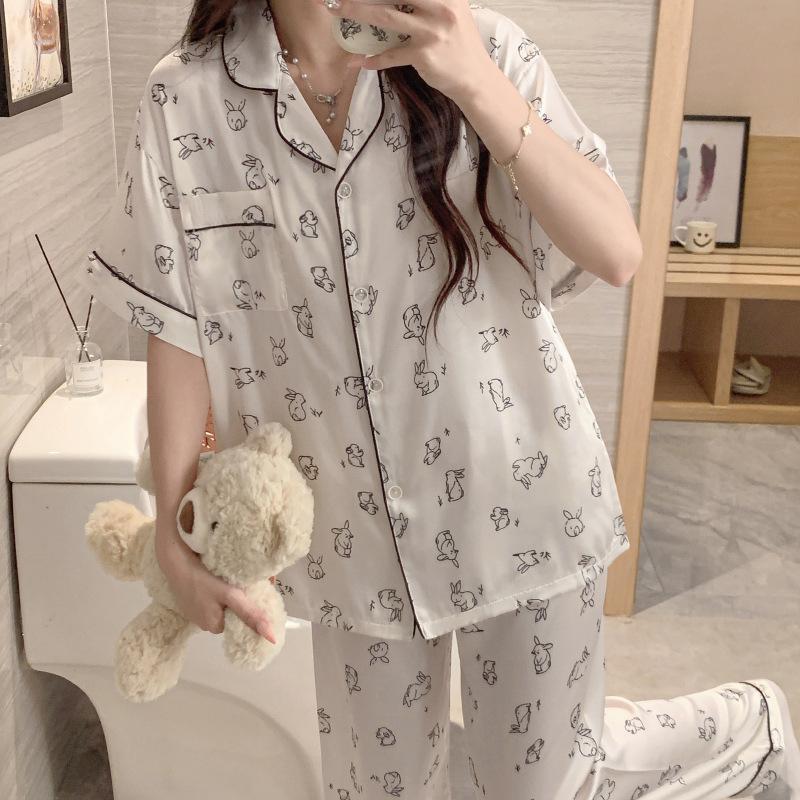 Sketch Rabbit Printing Short-Sleeved Pajamas Women'S Summer Thin Ice Silk Loungewear Loose Three-Piece Set Real Shot