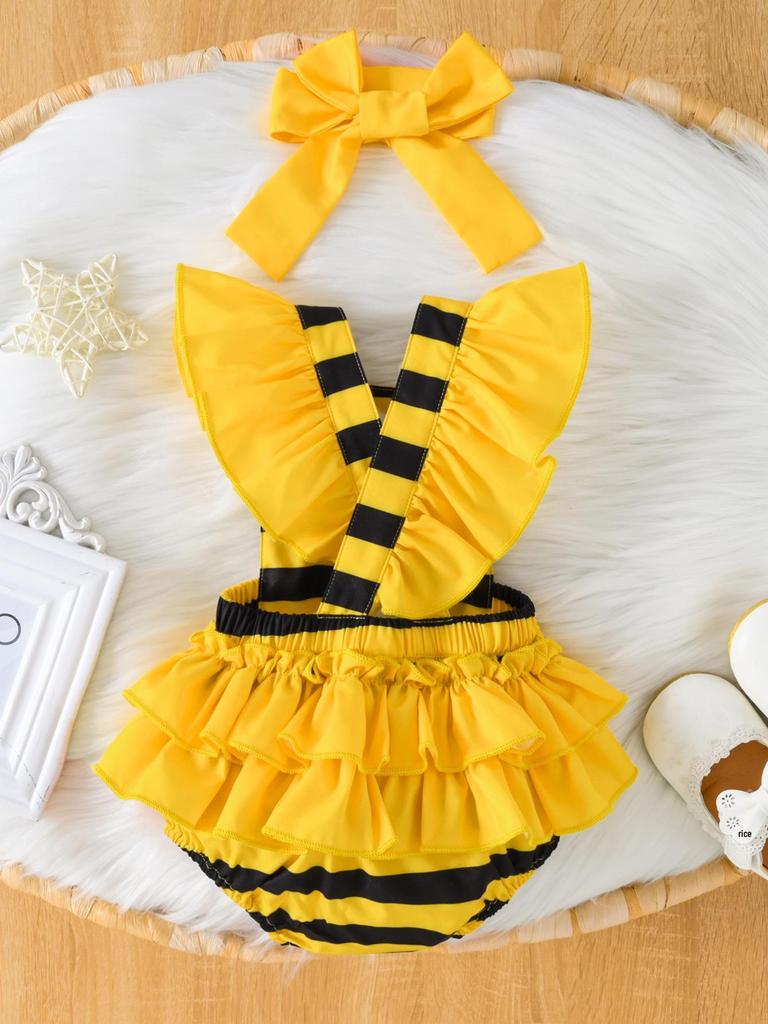 Bee-Themed Summer Romper with Peek-a-Boo Skirt & Headscarf for Newborns & Toddlers