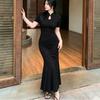 Summer Black Improved Cheongsam Buckle Jacquard Dress Women's Large Size Thin Temperament New Chinese Fishtail Long Skirt