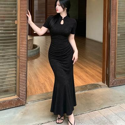 Summer Black Improved Cheongsam Buckle Jacquard Dress Women's Large Size Thin Temperament New Chinese Fishtail Long Skirt