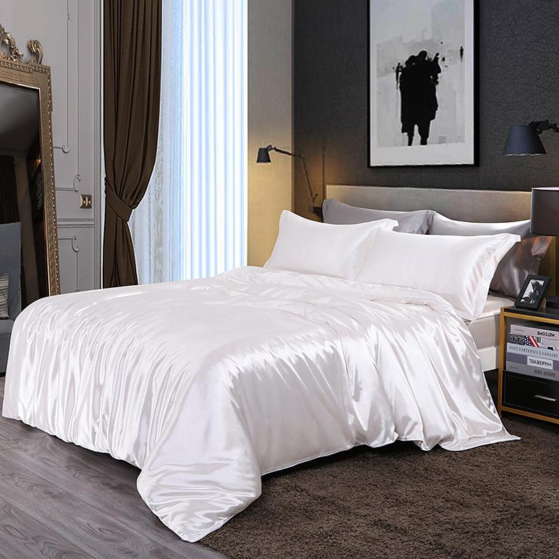European Solid Color Mulberry Silk Bedding Sets Ice Silk Satin Cooling Bedclothes High Quality Skin-Friendly Smooth Duvet Kit
