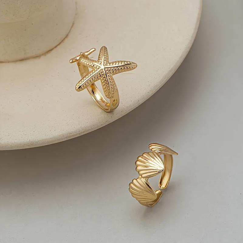 2Pcs Metal Shell Starfish Open Ring for Women Temperament Gold Color Adjustable Index Finger Ring Summer Beach Vacation Jewelry