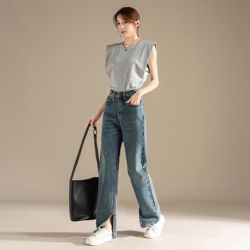 RAIN.CUN Women's Split Hem Straight Leg Jeans