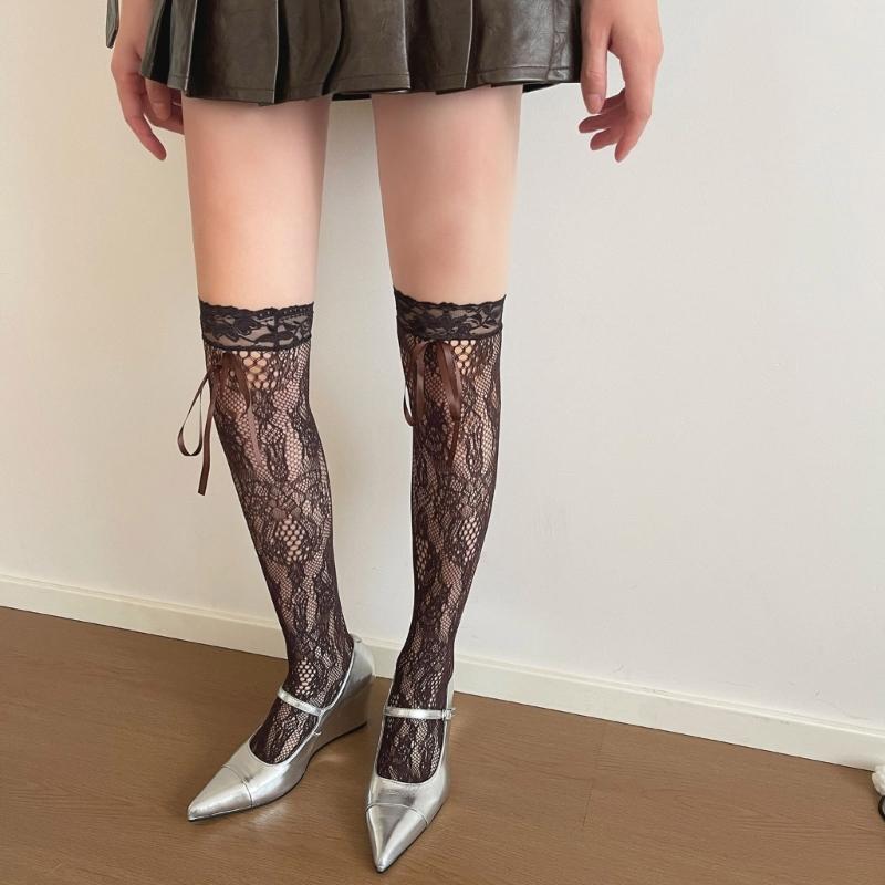 Floral Lace Thigh High Stockings Laces Up Over Knee Highs Socks Fishnet Stockings Sweet Bows Thigh High Sock Hosiery
