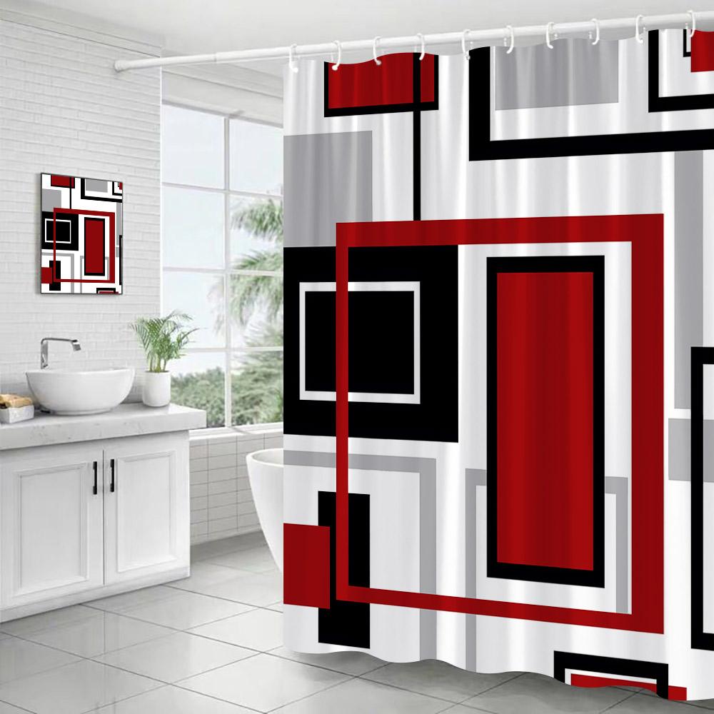 Creative Geometric Pink Shower Curtain Black Grey Square Pattern Modern Polyester Fabric Home Bathroom Curtains Decor With Hooks