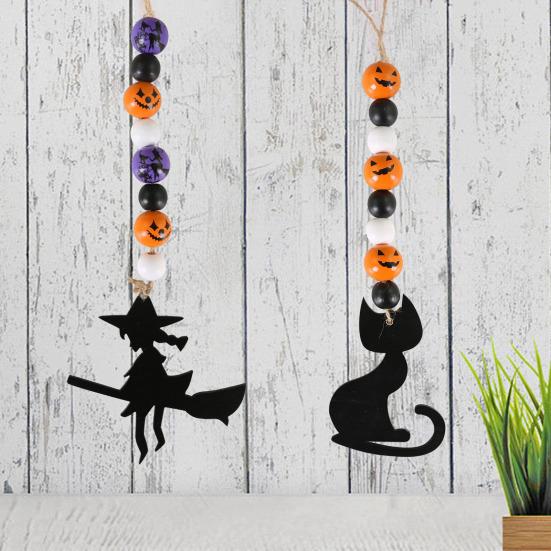 Halloween Wooden Beads Garland Hanging Pumpkin Ghost Bead with Cat Spider Witch Ornaments for Halloween Indoor Outdoor Tree Decor