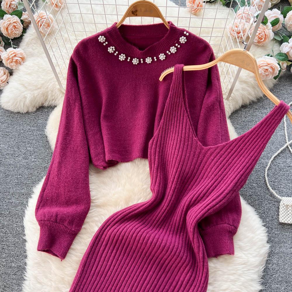 New Autumn Vintage Knitted Sweater Two Piece Set Beading Pullover Top And Spaghetti Strap V-neck Sheath Bodycon Dresses Suit