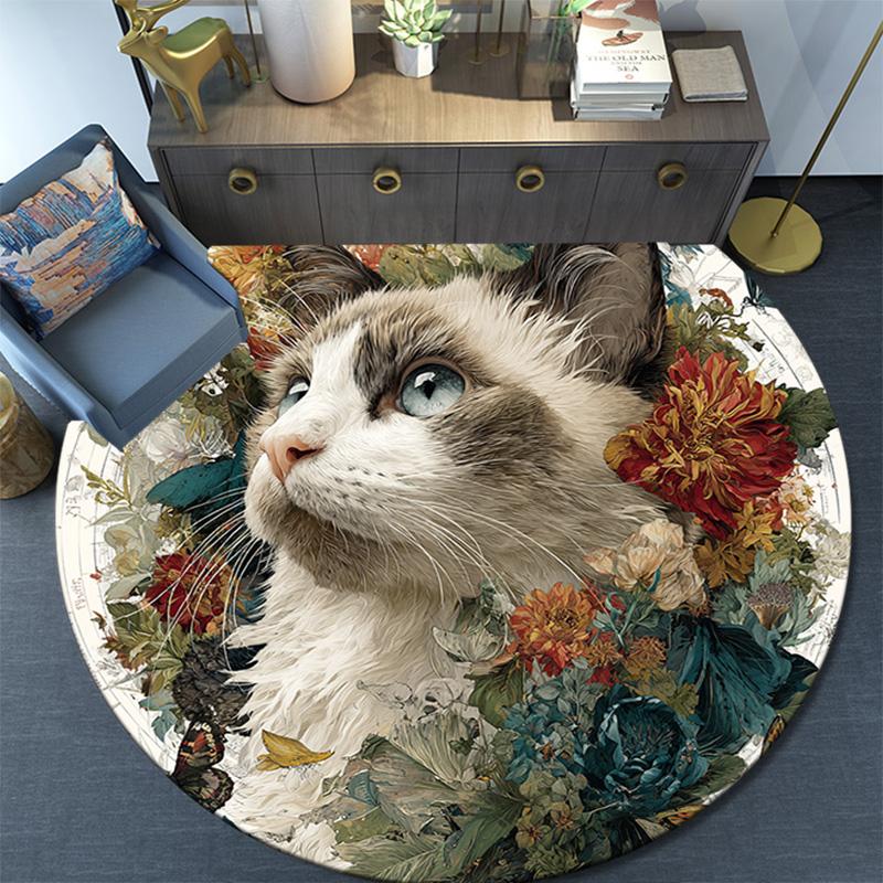 Cat in Flowers Round Area Rug,Carpet Rug for Living Room Bedroom Sofa Playroom Decor,Non-slip Floor Mat