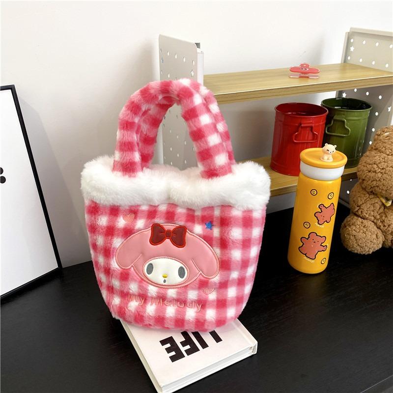 Winter New Plaid Handheld Fluffy Bag Girl Heart Cute Rabbit Female Storage Hand Carrying Cartoon Basket Bag