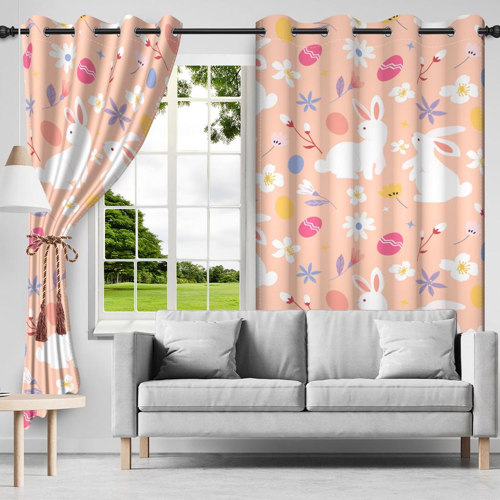 2Pcs Cute Rabbit Window Curtains Bedroom Living Room Thermal Insulation Blackout Drapes Home Decor Washable Polyester Material