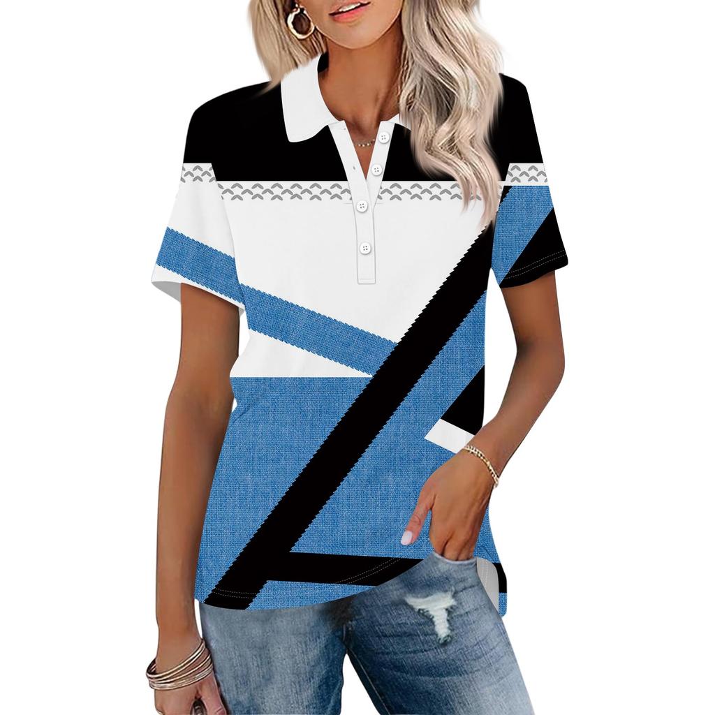 Damenmode Revers Kurzarm Bedrucktes Knopfoberteil