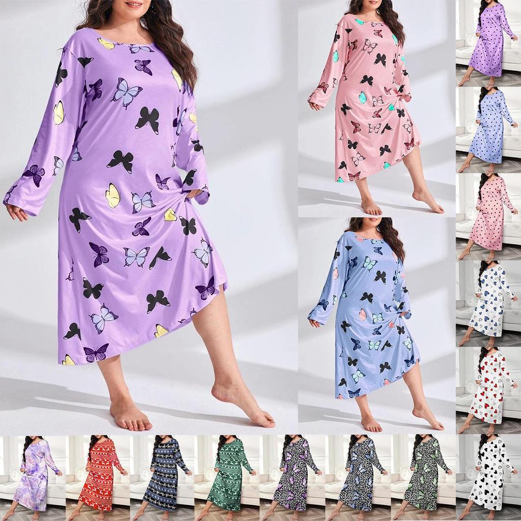 2025 European Plus Size Long Sleeve Butterfly Heart Leopard Print Nightgown