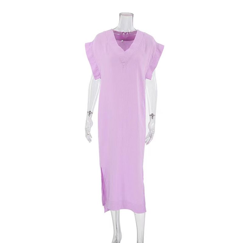 

Fashion New Sleeveless Casual Loose Split Dress Pajamas V-Neck Loose Split Dress Light Purple L