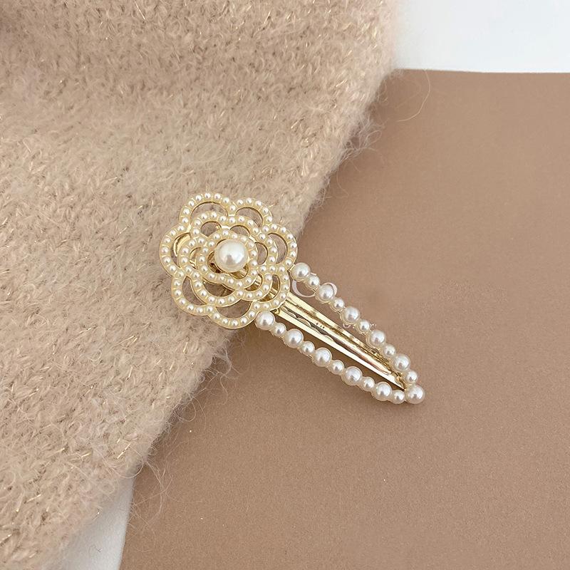 Korean Style Pearl Rhinestone Camellia Hair Clip Pearl Side Duck Beak Clip Women's Broken Bangs Clip Hair Accessories