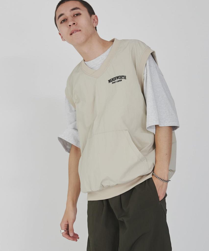 WEGO Nylon Layered Short Sleeve Loose Street Size Beige Men's 2-Piece V-Neck Vest, T-Shirt, Fit, Style, Spring/Summer Outfit, Gift, Present,