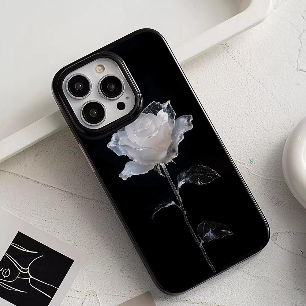 Luxury Case For Iphone 17 Pro Max White Rose Design Phone Case For IPhone 16 Plus 15 14 13 12 11 17Air Soft Black Back Cover