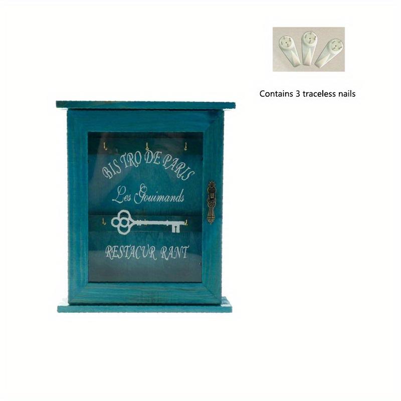 

1 шт., красно-синий винтажный деревянный ящик для хранения ключей с стеклянной крышкой и бесследными гвоздями, подвесной шкаф для хранения ювелирных изделий и ключей на крыльце. синий