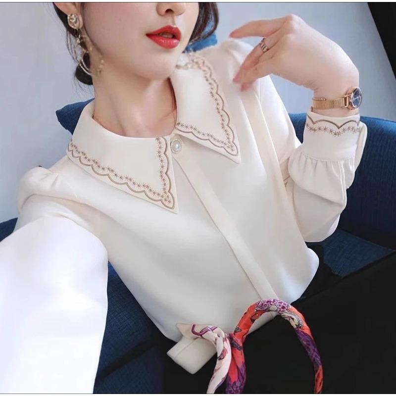 Women's Beige Peter Pan Collar Blouse Embroidered Detail Long Sleeve Elegant Casual Office Top For Daily Wear