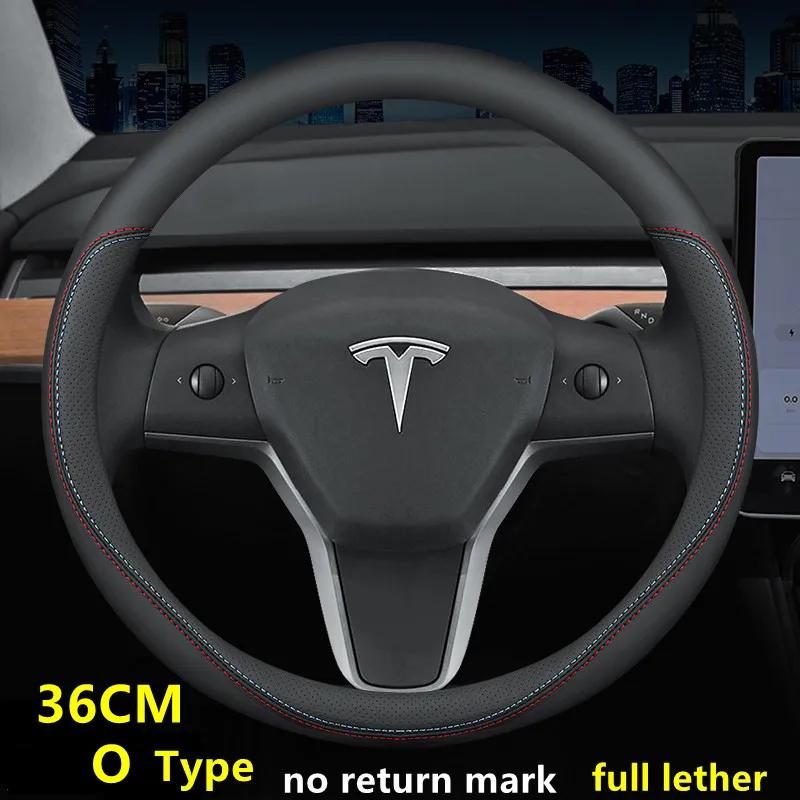 Nappa Leather Car Steering Wheel Cover For Tesla Model 3 Y S X 2019 - 2025 4 Seasons 36-38 CM Black Auto Interior Accessories