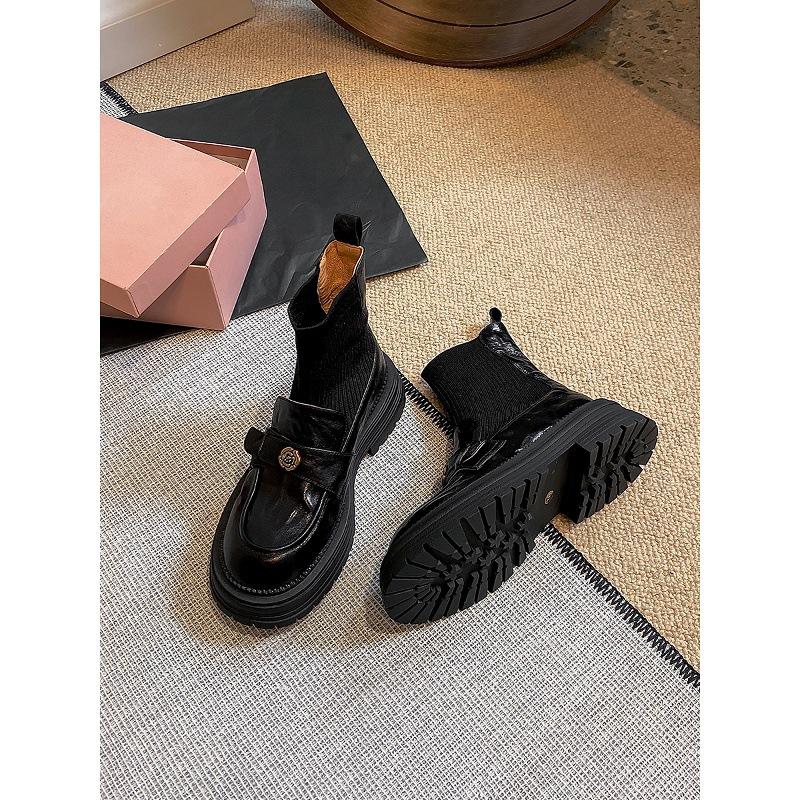 Verze z hovězí kůže Xiaoxiangfeng kaméliová kůže pletené elastické ponožkové boty dámské tenké boty retro silná podrážka britské kotníkové boty