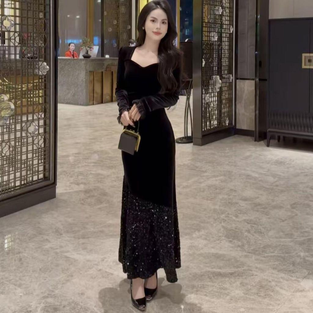 High-End Velvet Sequin Slimming Square Neck Dress