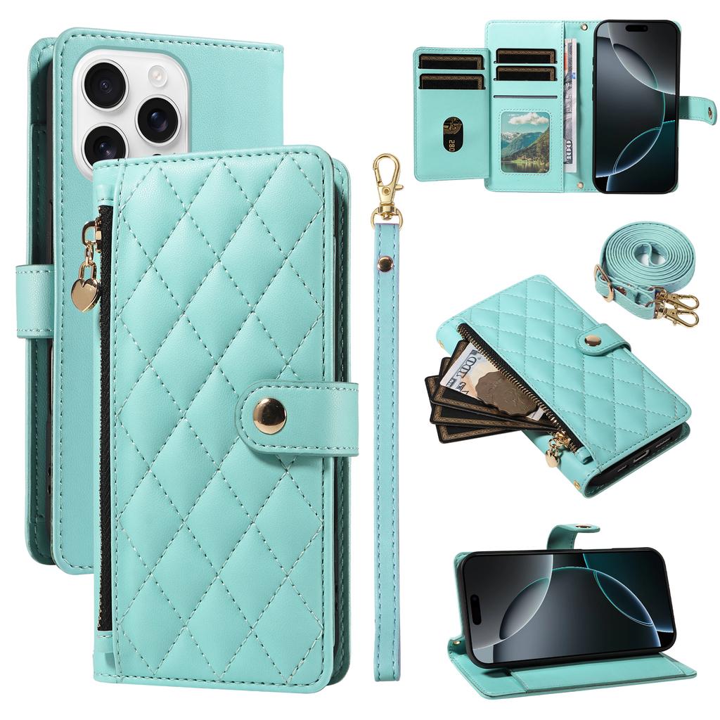 For iPhone 16 Pro Max Wallet Case with Straps,Rhombus Leather Stand Phone Cover