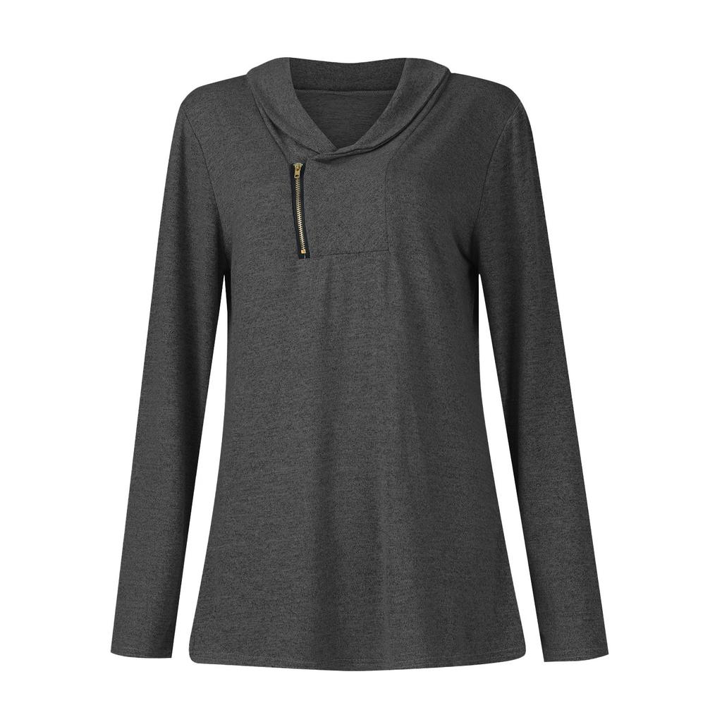 Women's solid color long sleeved pullover zipper women's top