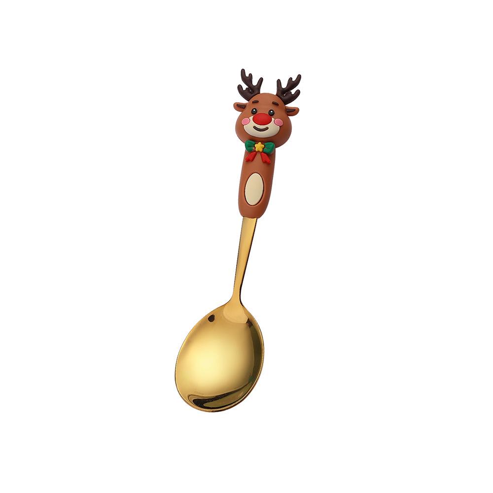 Reindeer Cartoon Christmas Spoon & Fork Set - Cute Stainless Steel Gift in Color Box