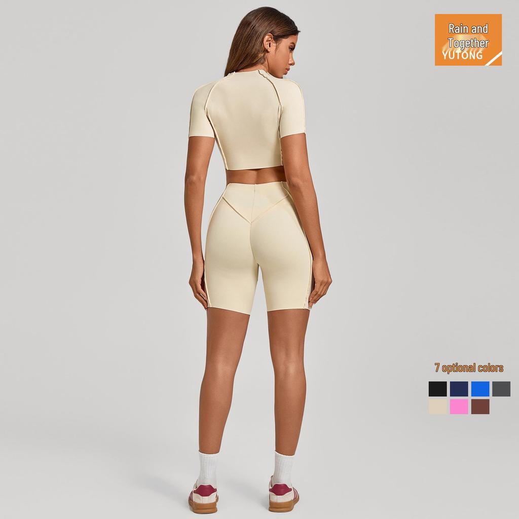 European & American 3D Patchwork Quick-Dry Yoga Set: Tight Short Sleeve & Shorts