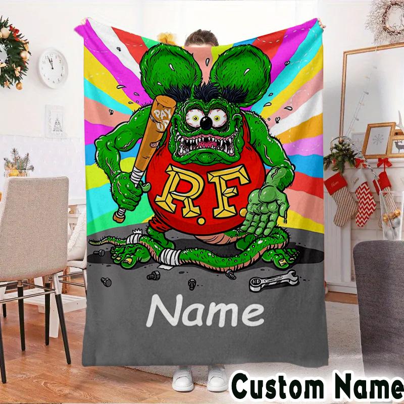 Custom Name Rat Fink Baseball Artwork Throws Blanket Flannel Blankets for Couch Bed Gifts for Men Women Picnic blanket Christmas fan gifts