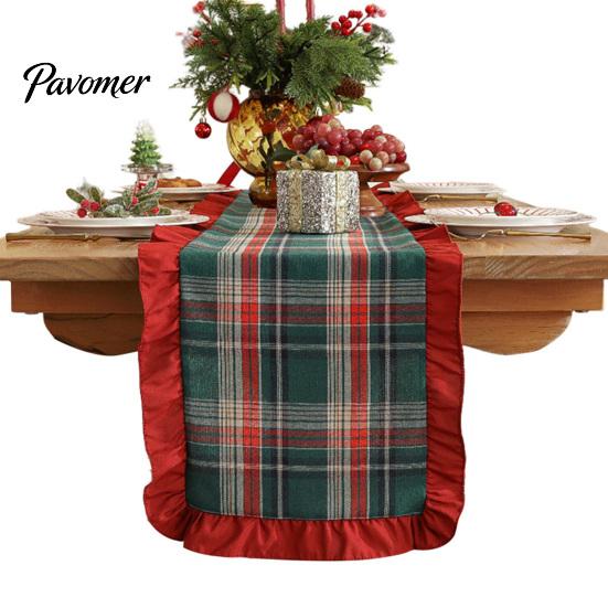 Holiday Home Table Linens Retro Plaid Christmas Runner, Red Ruffled Trim Decorative Mat, Classic British Style Flag & Green Mat for Dining,