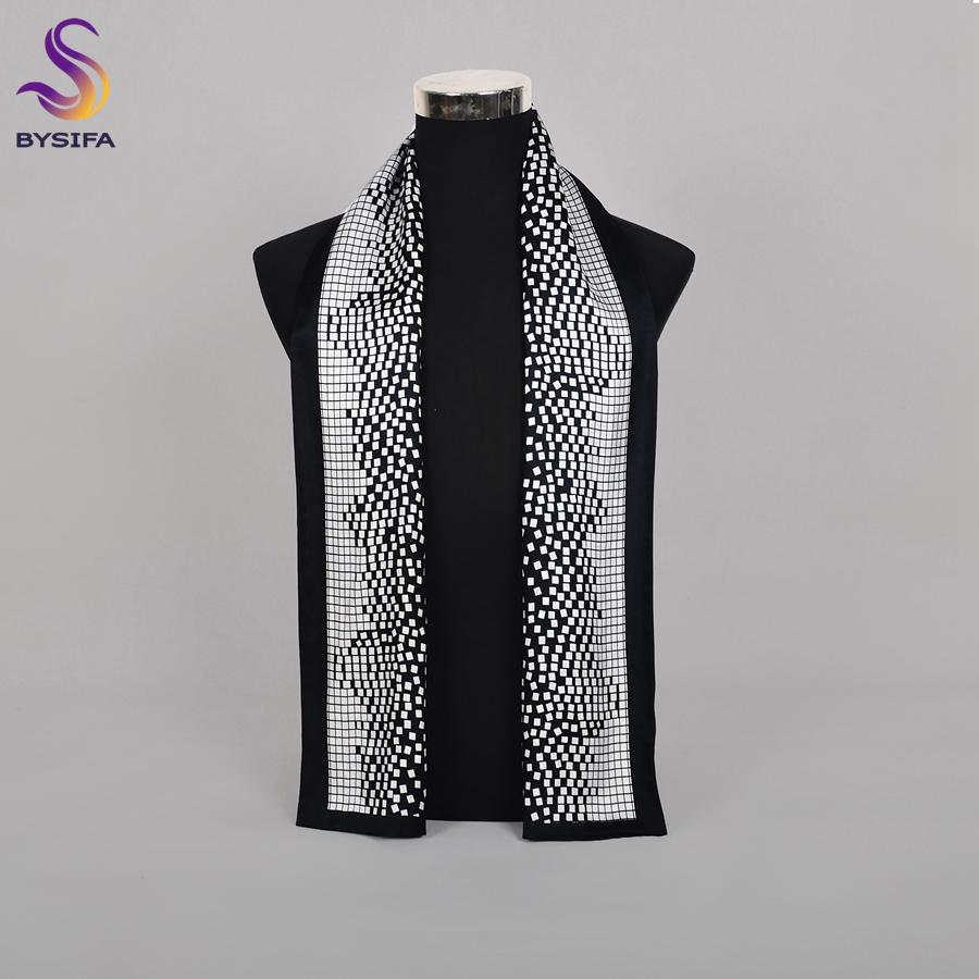 [BYSIFA] Brand Men Silk Scarf Muffler Winter Fashion Accessory 100% Pure Silk Male Plaid Long Scarves Cravat Navy Blue 160*26cm