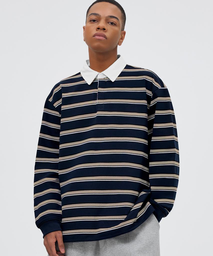 TRILLION Striped Rugby Oversized Pique Polo Shirt [Navy]