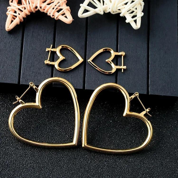 1 Pair Women Creative Hoop Gold Double Heart Earrings Dangle Hollow Ear Studs Korean Edition Women's Titanium Steel Earring