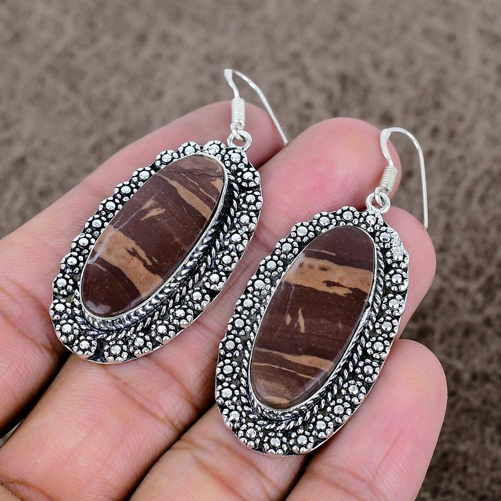 Cappuccino Jasper Gemstone 925 Sterling Silver Jewelry Earring 2.36" KKG-690