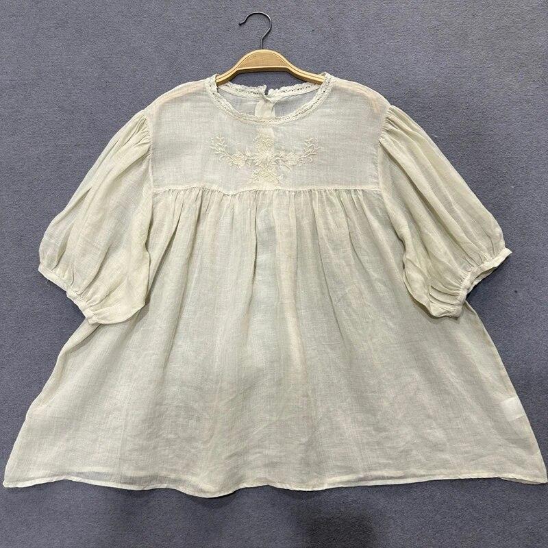 Johnature Japanische literarische bestickte Kurzarmhemd Frauen Sommer lose vielseitige Pullover Shirts