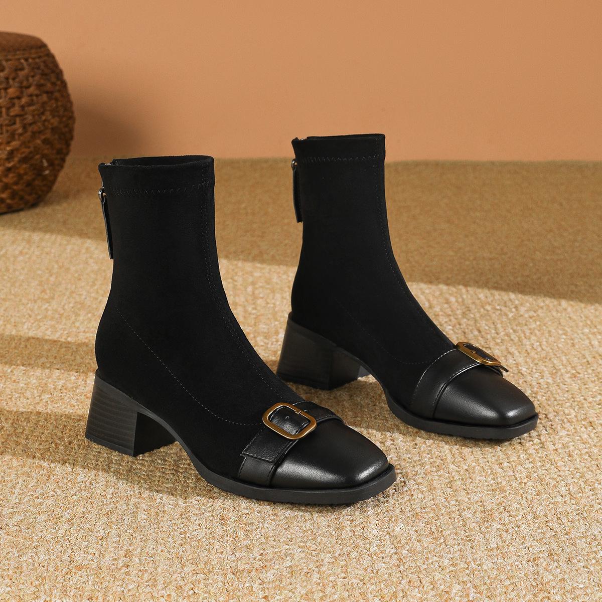 

Thick heel short boots women s retro British style 2024 new autumn and winter medium tube women s boots black suede square head thin boots 35 чёрный