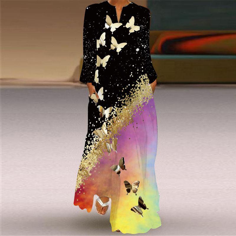 Fashion Style Spring and Summer Fashion New Women's Retro Butterfly Print Long Dress Export V Neck Long Sleeves Pocket Dress