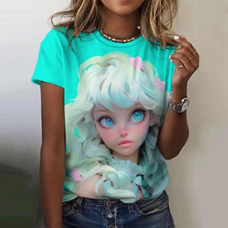 Stampa Cartone Animato Bambina Carina T-shirt da Donna Estate Nuove Maniche Corte T-shirt Moda Larga Street Scollo a O Abbigliamento Donna Top