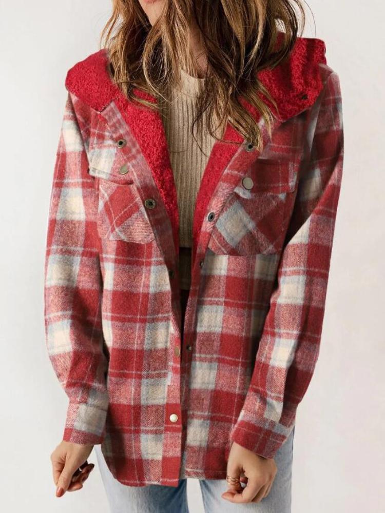 Autumn and winter women's plaid jacket long sleeved hairy hooded jacket with pockets