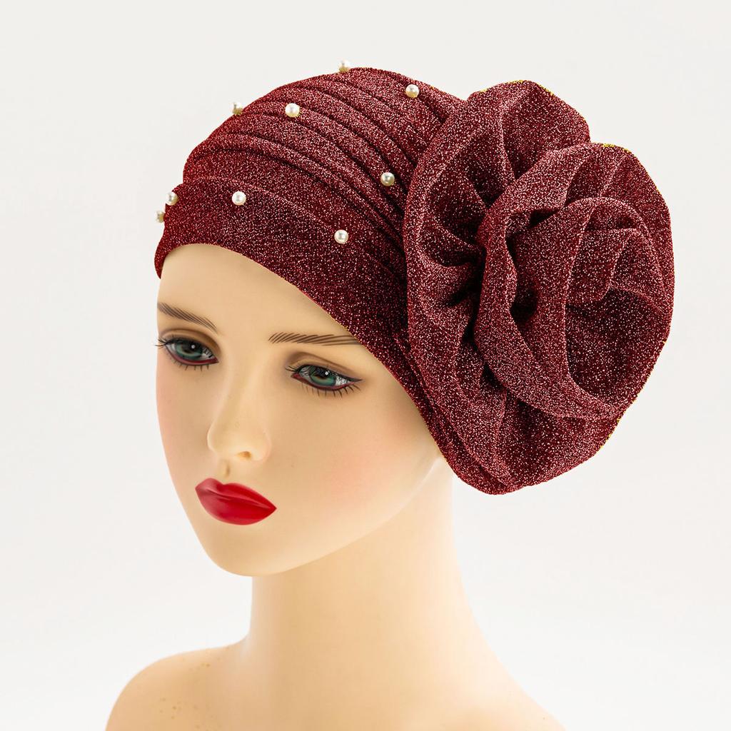 Shiny Fabric Oversized Flower Headscarf Hat with Pearl Indian Style Party Ball Gown Design Multi-Way Wear Cosmetic Decoration Cap