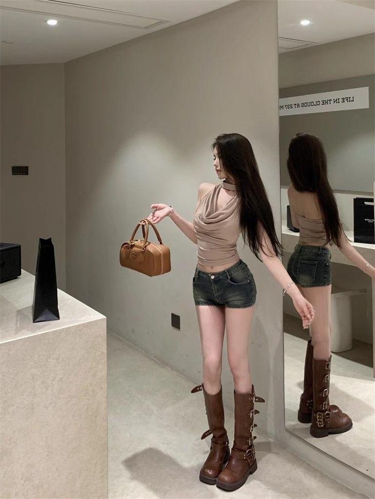 Khaki Backless Cowl Neck Halter Tank Top - Women's Summer Sleeveless Top