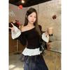 Women's Gray Slim-Fit Off-Shoulder Fur Collar Long-Sleeve Top for Autumn/Winter