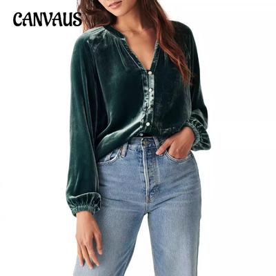 Women's Plus Size New Autumn Solid Color V Neck Long Sleeve Shirt Canary Commuter Shirt
