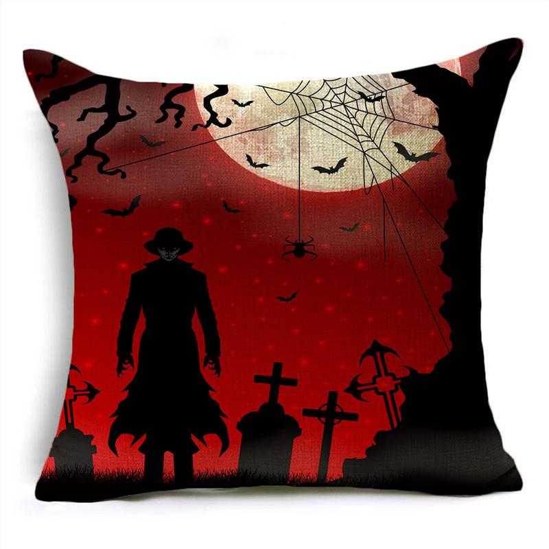Red Halloween Night Moon Graveyard Bat Scarecrow Linen Throw Pillowcase Decorative Cushion Cover For Sofa Living Room Party