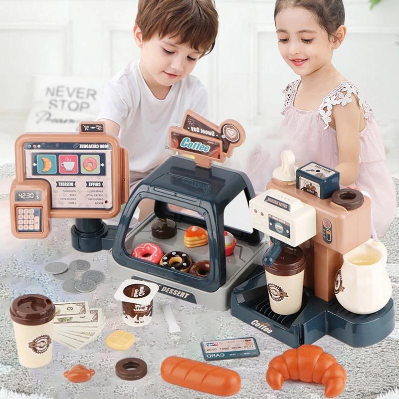Non-Toxic 3 In 1 Coffee Machine Toy Set Kitchen Toys Simulation Food Bread Coffee Cake Pretend Play Shopping Cash Register Toys For Kids