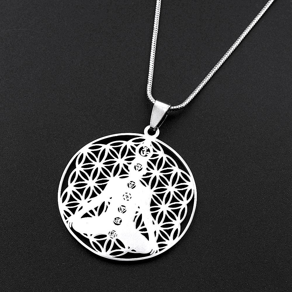Buddhism Meditation Yoga Flower of Life 7 Chakras Pendant Necklace Stainless Steel Buddhist Sacred Geometry Reiki Chain Jewelry
