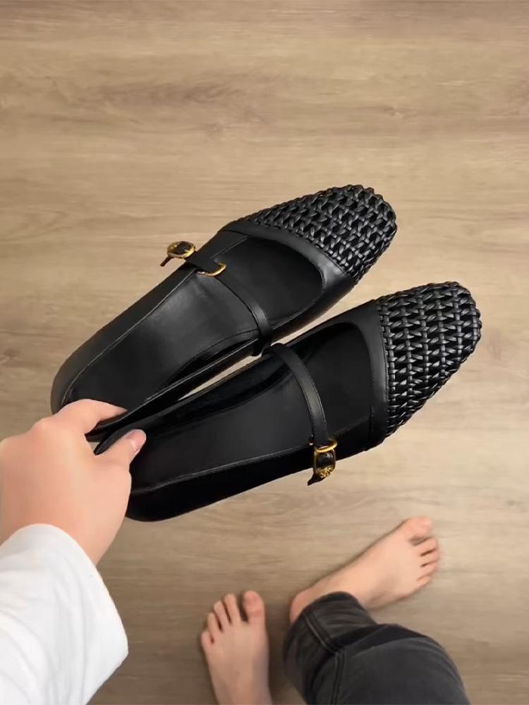 

Woven thick heel black versatile niche single shoes women s soft sole commuting temperament word with handmade Mary Jane shoes 40 чорний