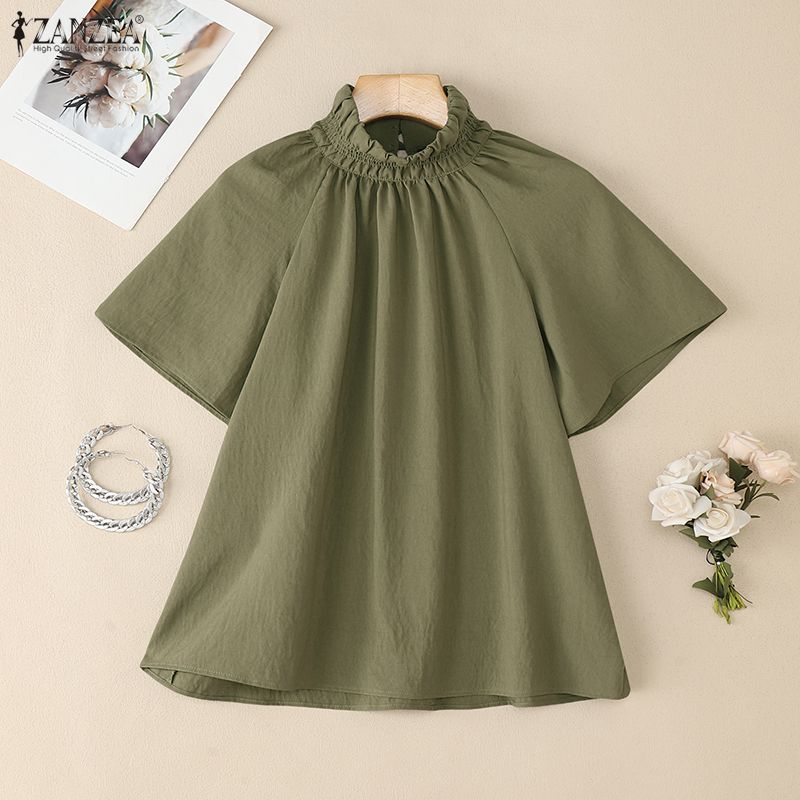 ZANZEA Women Casual Turtleneck Loose Summer Short Sleeve Blouse