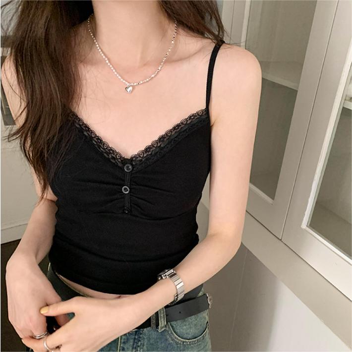 Sexy Folds Buttons Sleeveless Crop Top Black Vintage Y2K Corset Tops  Casual Basic T-shirt
